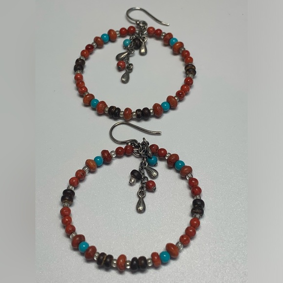 Silpada Rare Sterling Silver Coral, Turquoise, Wood, Shell Bead Hoop Earrings - Picture 15 of 16
